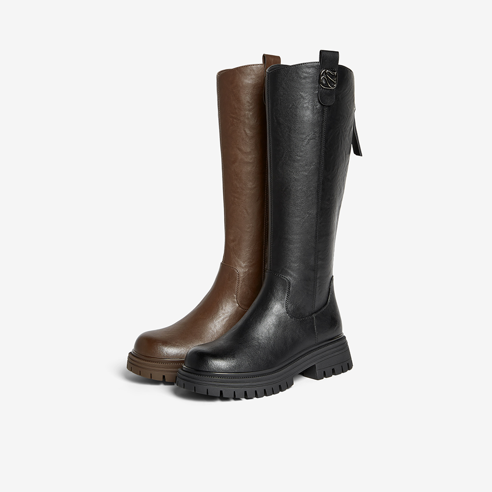 百思图2025冬季商场新款骑士靴厚底粗跟女棕色长靴F2031DG5