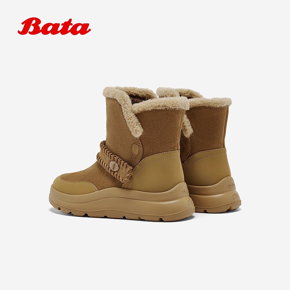 Bata雪地靴女2025冬季商场新款牛剖皮保暖厚底时尚短靴AD146DD5