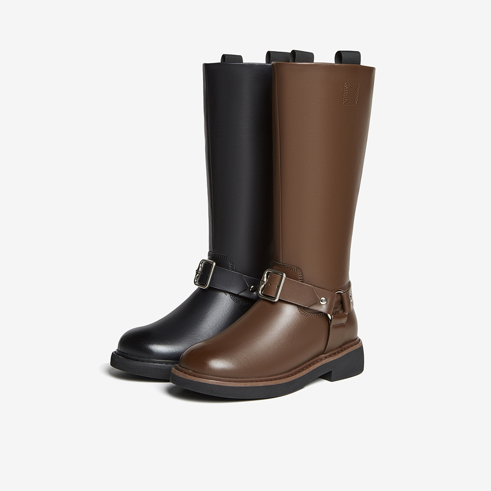 百思图2024冬季新款加绒扣带骑士靴高筒靴粗跟女长筒靴W2089DG4