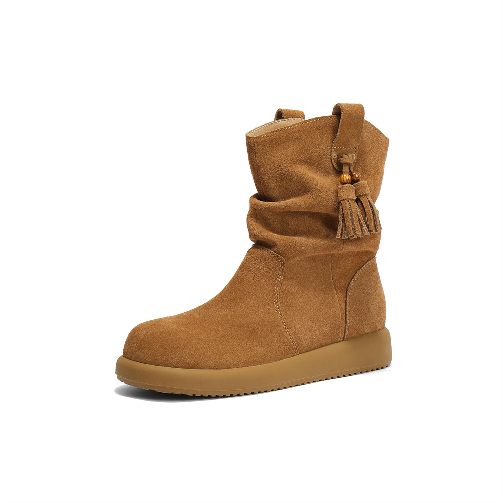 专柜正品森达西部靴女2025冬新褶皱流苏厚底中筒靴ZTI38DZ5