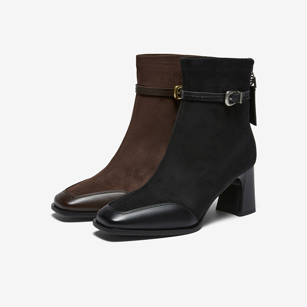 百思图2025冬季商场新款粗高跟法式女短靴绒面拼接马丁靴F2178DD5