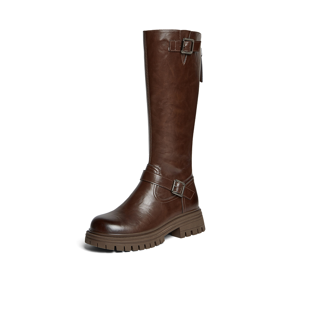 专柜正品百思图2025冬季新款骑士靴潮流通勤粗跟女长靴F2032DG5