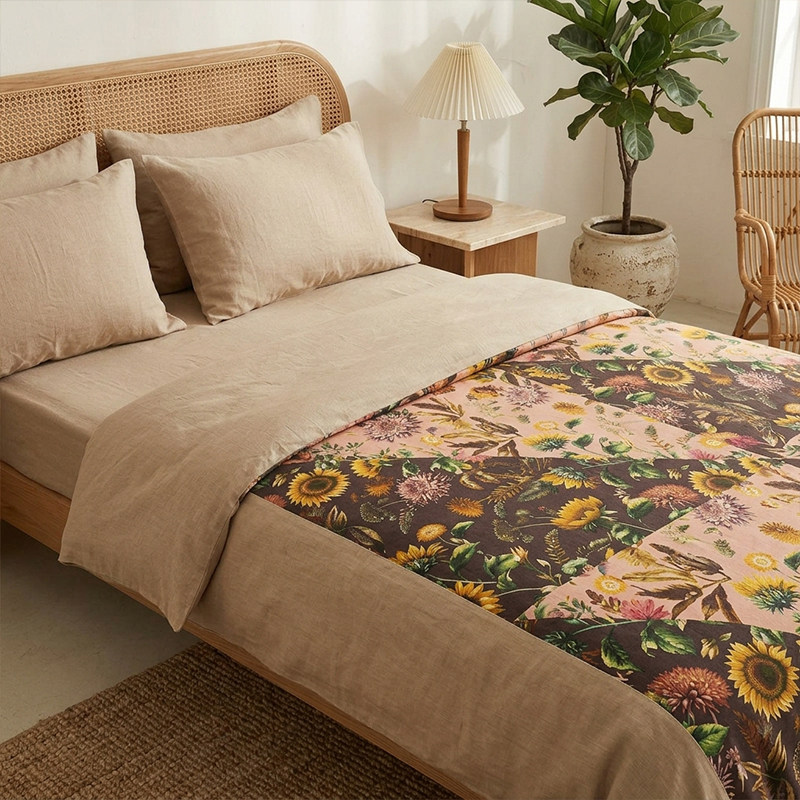 外贸 拼布橘粉色印花亚麻单人被套时尚个性干爽透气被套罩DZ276