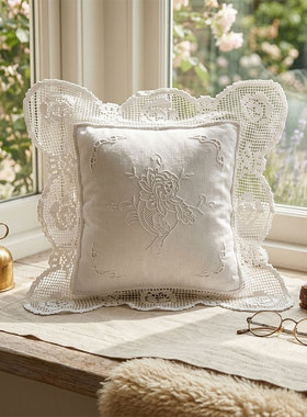 欧式外贸纯手工网扣刺绣方形靠垫套新潮蕾丝边白色抱枕套27cmA111