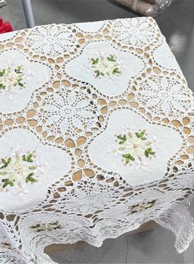 M332 白色钩针拼丝带绣方桌布130cm