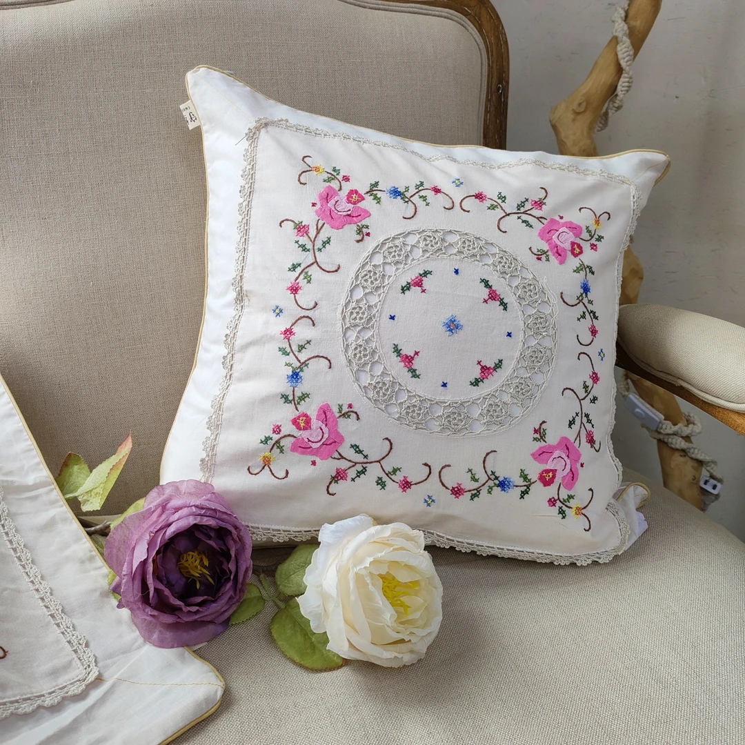 DZ007 十字绣拼贴布绣靠垫套本色棉麻质 50cm