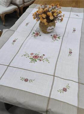C317 刺绣玫瑰花长方桌布90×145m竹节棉麻质