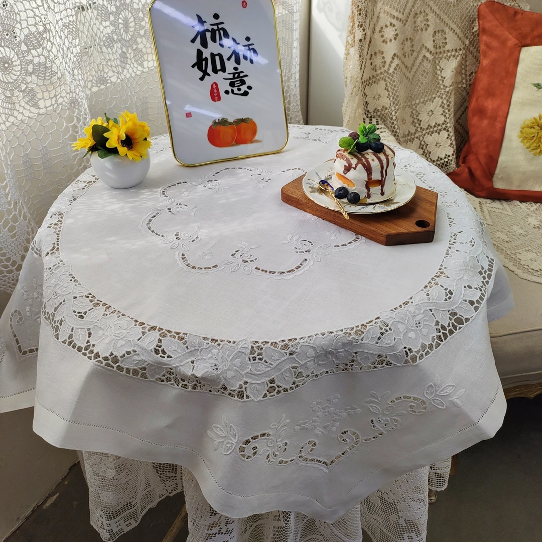 O135-3手绣花方桌布白色麻质85cm,居家布艺,家纺布艺/布料面料缝制服务,淘宝优惠券,粉丝福利购,淘宝优惠卷