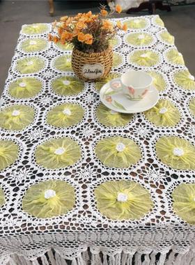 Q115 黄色泡泡纱钩针流苏桌布100*150