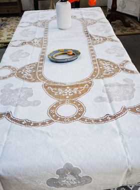 V203 潮绣玻璃纱拼网扣椭圆桌布1.7*2.6m白色麻质