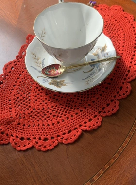 红色细线钩针椭圆盘垫19×34cm  2片 纯手工钩针老货橄榄型D310