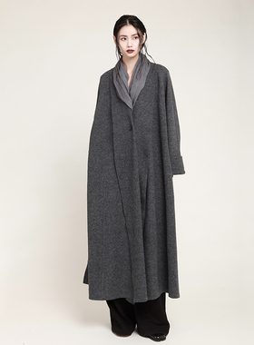 MIA HAN冬季新款高级慵懒简约宽松真丝接接围巾领中长款羊毛大衣