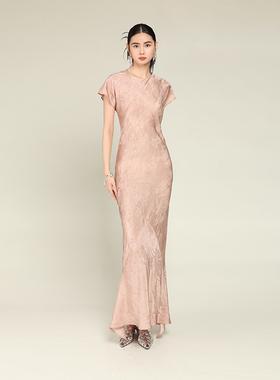 MIA HAN春夏季新品高级感斜裁修身显瘦鱼尾裙真丝短袖长款连衣裙