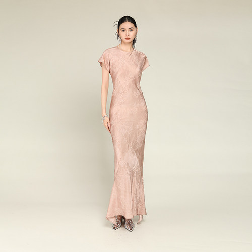 MIA HAN春夏季新品高级感斜裁修身显瘦鱼尾裙真丝短袖长款连衣裙