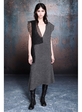 MIA HAN原创设计冬季新款女装暗黑V领无袖打底中长款羊毛连衣裙潮