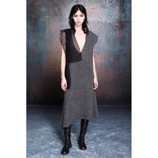 HAN原创设计冬季 打底中长款 新款 暗黑V领无袖 羊毛连衣裙潮 女装 MIA