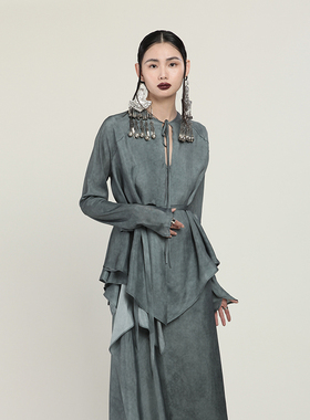 MIAHAN春季新品女新中式复古圆领高级感气质真丝脏染衬衣开衫上衣