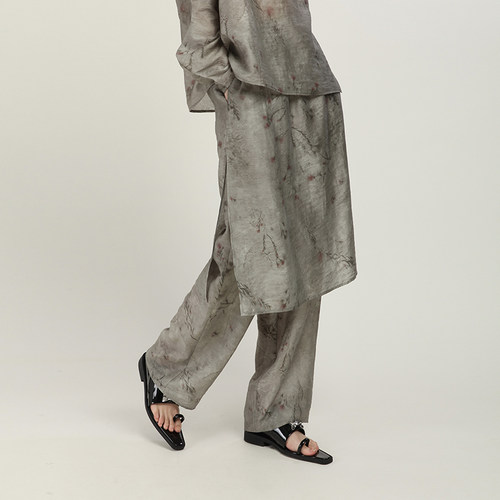 MIA HAN春季新品复古印花新中式宽松松紧腰假两件阔腿裤裙裤女