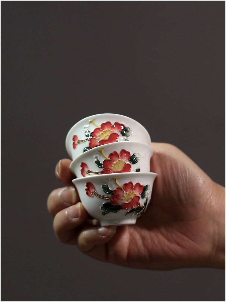 韩祠茗品｜手绘反口杯老款枫溪粉彩釉下彩浮雕潮州工夫茶杯白玉令