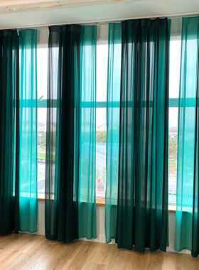 中式黛绿色松石国色高密雪纺纱帘客厅店面透光不透人遮阳双层窗纱