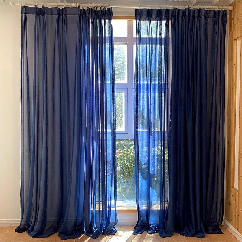 厚重高贵钴蓝色抗皱客餐厅垂坠琥珀蓝窗纱丝滑米克诺斯蓝纱帘