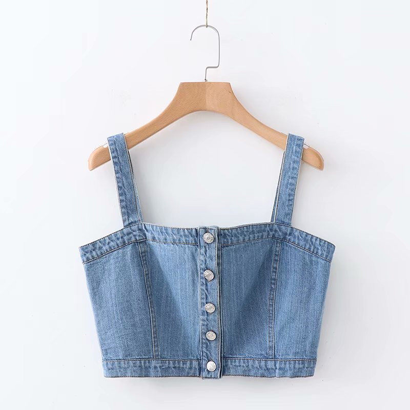 欧美风2021春夏复古牛仔吊带衫百搭短款显瘦单排扣背心牛仔上衣