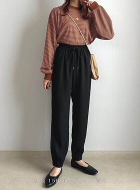 日单夏季新款简约轻盈垂感松紧腰口袋束脚雪纺系带休闲裤女23255