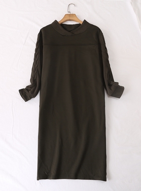 日单品牌秋冬新款罗纹领扭花针织拼接长袖薄绒侧开叉连衣裙28369