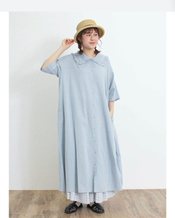 日单春夏新款SM*森系减龄花边娃娃领系扣短袖棉袍子连衣裙26815