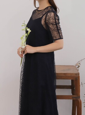 日单春夏新款优雅礼服后背系带中袖蕾丝开衫+可调节吊带裙女24824