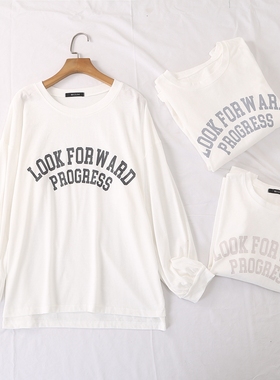 日单秋冬新款百搭圆领字母印花下摆开叉罗纹长袖T恤打底衫女23993