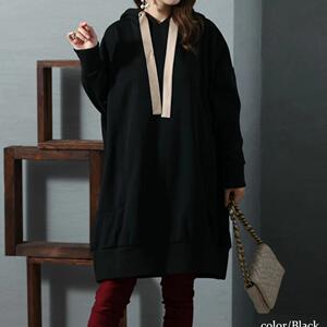 日单大码品牌秋冬新品时尚连帽飘带口袋加绒大版长款卫衣裙24263