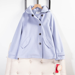 日单品牌冬季新款时尚气质可脱卸连帽斜扣毛呢短大衣外套女31863