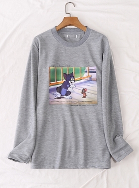 日单春秋新款简约休闲百搭宽松大版圆领卡通印花长袖T恤卫衣20213