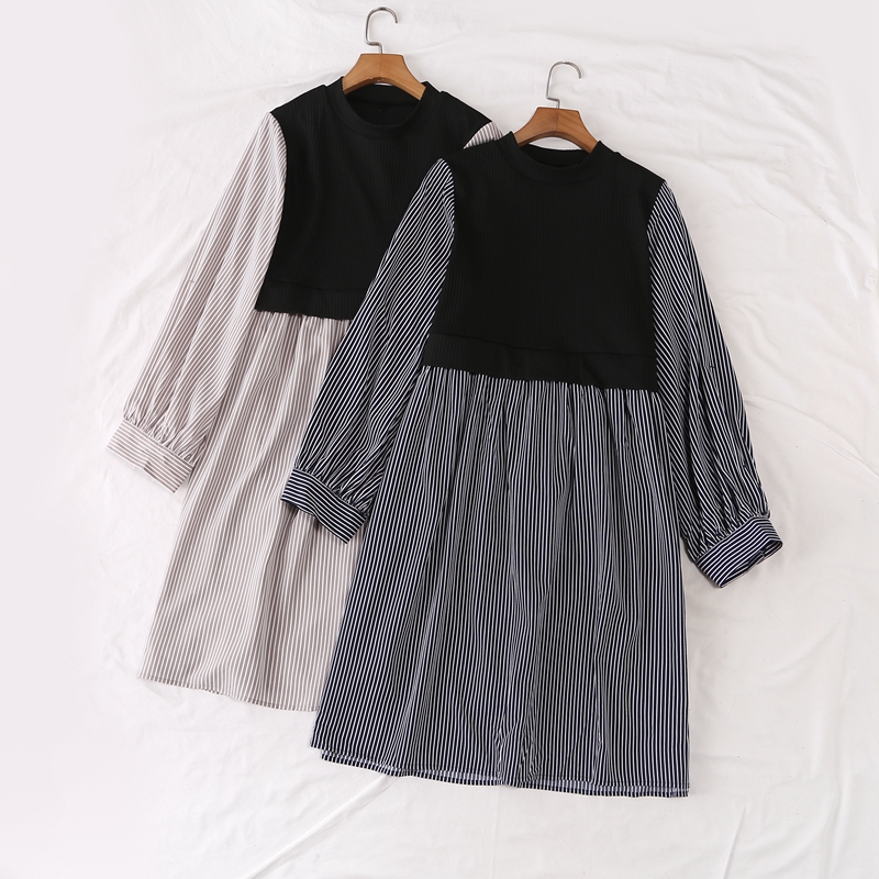 日单针织马甲长袖条纹衬衫连衣裙