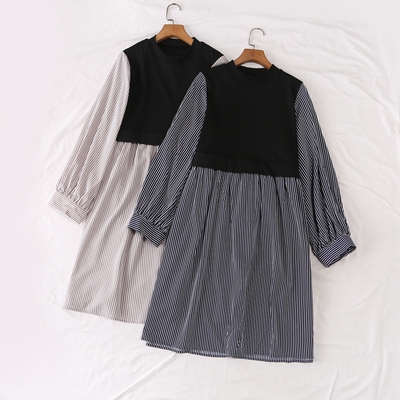 日单针织马甲长袖条纹衬衫连衣裙