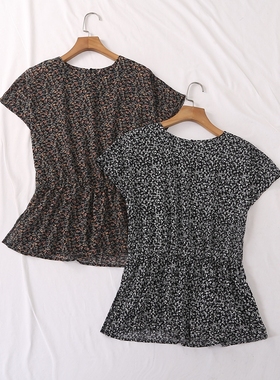 日单夏新款简约大方百搭一粒扣碎花收腰开叉插肩袖小衫上衣23374