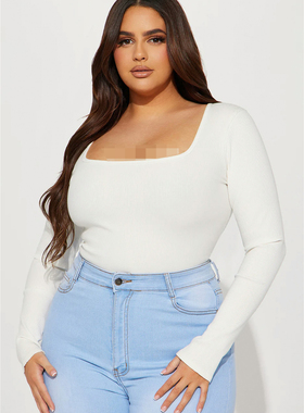 欧美单春秋新款时尚性感方领竖坑条长袖三角按扣包臀连体衣25445