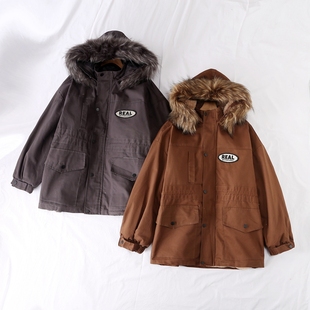 冬季 保暖可脱卸毛领连帽字母刺绣收腰系带口袋加绒棉衣20703 新款