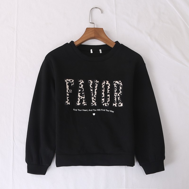 日单秋冬新款可爱时尚圆领豹纹字母植绒加绒卫衣亲子装上衣24493