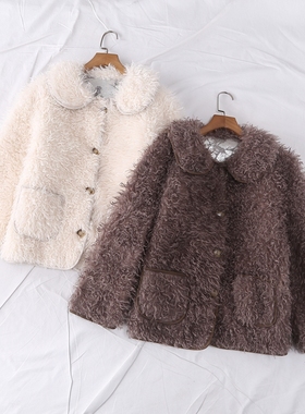 冬季新款时尚有范娃娃领羊羔绒皮毛一体系扣短款仿皮草外套18118