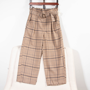 32185 九分休闲裤 日单品牌春夏新款 休闲半松紧腰带腰带格纹直筒裤