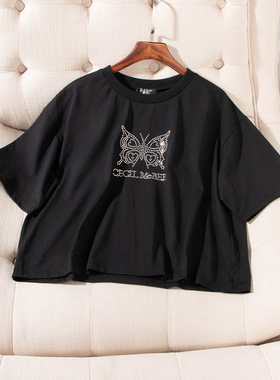 日单品牌夏季新款甜美宽松百搭圆领烫钻蝴蝶结印花短袖T恤女30394