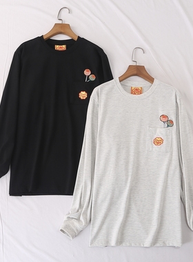 日单春秋新款休闲趣味百搭棒棒糖刺绣口袋长袖T恤卫衣男女25759