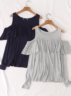 外贸单春夏新款纯色圆领露肩荷叶边华夫格长袖针织衫小衫女25352