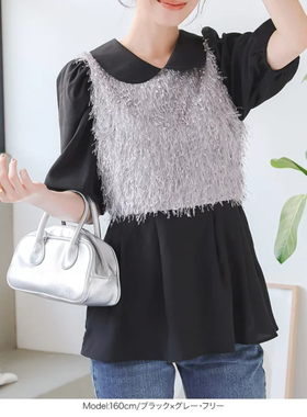 日单品牌春夏新款清新减龄时尚娃娃领流苏拼接短袖衬衫小衫27712