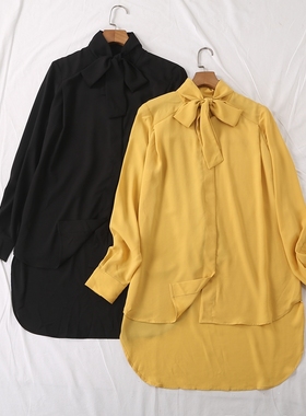 日单春夏新款优雅气质系带长袖隐形系扣前短后长下摆雪纺衫21607