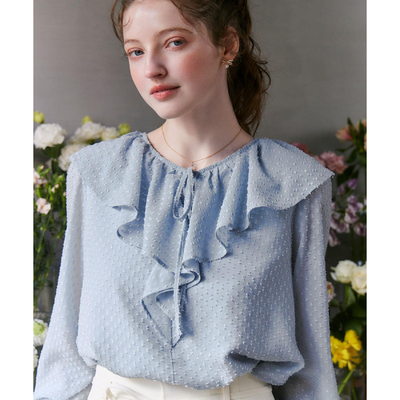 春夏甜美荷叶边亮丝提花雪纺衫