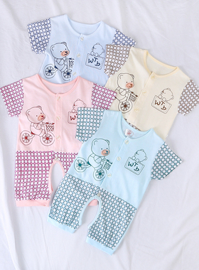 夏季新款幼儿小熊自行车印花圆领系扣短袖开档连体衣爬爬衣10452