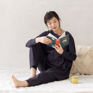 日单家居服大版孕妇装舒适宽松鸡心领上衣可调节腰围裤子女25190